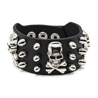 Браслет шкіряний три ряди кулеподібних шипів та три черепи (bfl-004) Зображення