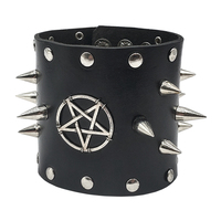 Браслет шкіряний з шипами та пентаграмою, широкий (bsl-006) Изображение