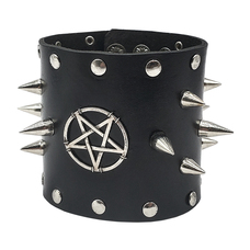 Браслет шкіряний з шипами та пентаграмою, широкий (bsl-006) Изображение