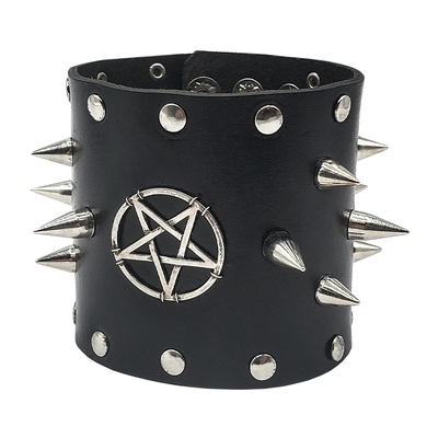 Браслет шкіряний з шипами та пентаграмою, широкий (bsl-006) Зображення