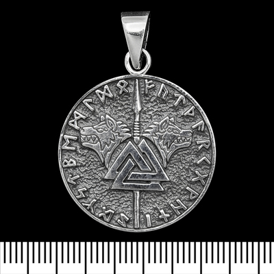 Кулон Спис Одіна з валкнутом та вовками в рунічному колі (срібло, 925 проба) (sp-236) Изображение