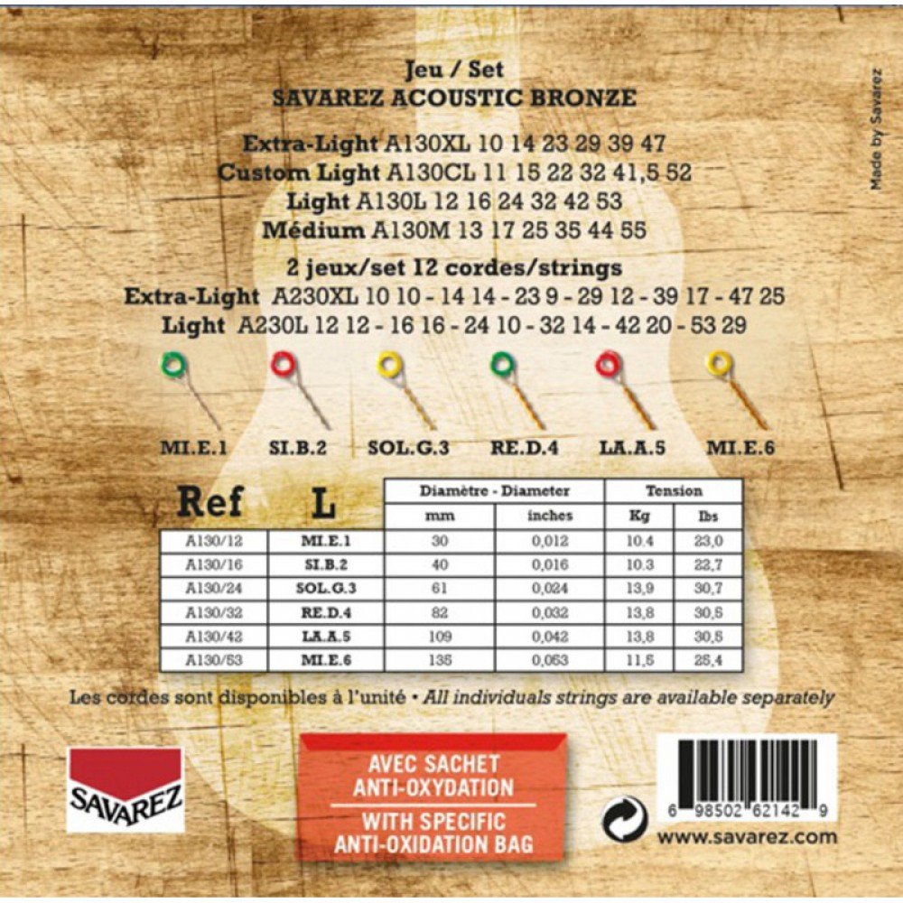 Струны для акустической гитары SAVAREZ A130L Bronze Light Acoustic Guitar Strings 12/53  2
